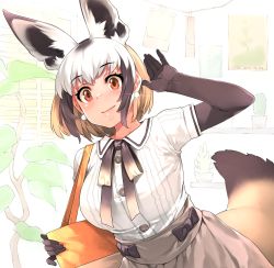 Rule 34 | 1girl, alternate costume, animal ears, bag, bat-eared fox (kemono friends), blouse, blush, bow, bowtie, brown hair, buttons, casual, collared shirt, commentary request, cowboy shot, earrings, elbow gloves, extra ears, fox ears, fox tail, gloves, handbag, happa (cloverppd), jewelry, kemono friends, light brown hair, multicolored hair, pleated skirt, shirt, short hair, skirt, solo, tail, white hair, yellow eyes