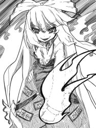 Rule 34 | 1girl, bow, clenched hand, evil smile, female focus, fire, fujiwara no mokou, greyscale, hair bow, hair ribbon, hand on own hip, long hair, looking at viewer, mizumi (artist), monochrome, pants, ribbon, shaded face, shirt, smile, solo, suspenders, touhou, very long hair