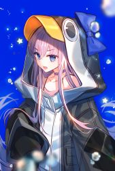 Rule 34 | 1girl, air bubble, animal hood, bare shoulders, black jacket, blue background, blue eyes, blue ribbon, breasts, bubble, choker, collarbone, fate/grand order, fate (series), hair between eyes, hood, jacket, keylime, long hair, long sleeves, looking at viewer, meltryllis, meltryllis (fate), meltryllis (swimsuit lancer) (fate), meltryllis (swimsuit lancer) (first ascension) (fate), open mouth, penguin hood, purple hair, ribbon, simple background, sleeves past fingers, sleeves past wrists, small breasts, solo, star (symbol), very long hair