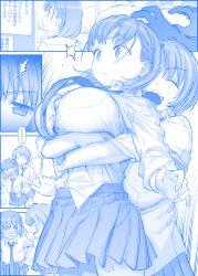 Rule 34 | 1boy, 2girls, ai-chan (tawawa), blue theme, blush, bra, braid, breast pocket, breasts, comic, commentary request, embarrassed, faceless, faceless male, from behind, getsuyoubi no tawawa, himura kiseki, hug, imminent hug, large breasts, lifting another&#039;s clothes, lifting person, monochrome, multiple girls, necktie, nose blush, open mouth, plaid, plaid bra, pleated skirt, pocket, school uniform, shirt, short hair, silent comic, skirt, smile, sparkle, striped bra, striped clothes, surprised, sweat, translation request, underwear, volley-bu-chan (tawawa)