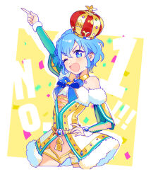 Rule 34 | 1girl, :d, ;d, arm up, bare shoulders, blue bow, blue eyes, blue hair, blush, bow, braid, cropped legs, crown, curly hair, detached sleeves, dorothy west, gold trim, hair between eyes, hand on own hip, index finger raised, looking at viewer, one eye closed, open mouth, oshiri (o4ritarou), outstretched arm, pointing, pointing up, pretty series, pripara, short hair, shorts, side braid, smile, solo, standing, v-shaped eyebrows