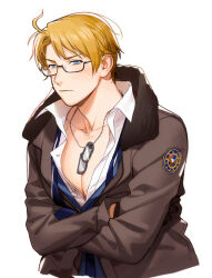 Rule 34 | 1boy, ahoge, america (hetalia), axis powers hetalia, blonde hair, blue eyes, blue suit, blush, bomber jacket, crossed arms, dog tags, formal, frown, glasses, jacket, looking at viewer, male focus, messy, partially unbuttoned, pectoral cleavage, pectorals, popped collar, short hair, suit, to@st, white background