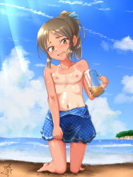 Rule 34 | 1girl, absurdres, alcohol, artist name, barefoot, beach, beer, blue one-piece swimsuit, blue ribbon, blue sky, blush, brown eyes, brown hair, clenched hand, clothes pull, cloud, collarbone, cup, dated, day, drink, embarrassed, female focus, flat chest, full body, hair ribbon, hand up, head tilt, highres, holding, horizon, idolmaster, idolmaster cinderella girls, idolmaster cinderella girls starlight stage, junpiro, kneeling, looking at viewer, matching hair/eyes, mug, navel, nipples, nose blush, ocean, one-piece swimsuit, one-piece swimsuit pull, one-piece tan, open mouth, outdoors, peeing, peeing self, ponytail, ribbon, ribs, sand, shiny skin, signature, sky, solo, sparkle, sunlight, swimsuit, tachibana arisu, tan, tanline, tears, topless, water, wavy eyes, wavy mouth, wet, wet clothes
