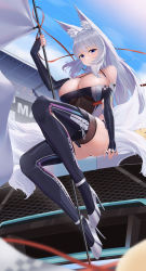 Rule 34 | 1girl, absurdres, animal ear fluff, animal ears, azur lane, boots, breasts, car, detached sleeves, flag, fox ears, fox girl, fox tail, from below, grey hair, high heels, highres, holding, holding flag, huge breasts, jfzm001, kitsune, kyuubi, large tail, long hair, looking at viewer, looking down, manjuu (azur lane), motor vehicle, multiple tails, official alternate costume, purple eyes, race queen, red ribbon, ribbon, shinano (azur lane), shinano (moonlit chrome) (azur lane), skindentation, solo, sports car, stiletto heels, tail, thigh boots, white tail
