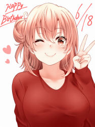 Rule 34 | ;), blush, breasts, brown eyes, brown hair, closed mouth, dated, hair bun, happy birthday, heart, highres, large breasts, long hair, long sleeves, looking at viewer, one eye closed, red hayao, red sweater, simple background, single hair bun, single side bun, smile, sweater, upper body, v, white background, yahari ore no seishun lovecome wa machigatteiru., yuigahama yui