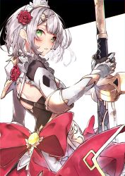 Rule 34 | 1girl, armor, armored dress, braid, braided bangs, breasts, claymore (sword), dress, flower, gauntlets, genshin impact, greatsword, green eyes, grey hair, hair flower, hair ornament, highres, holding, holding sword, holding weapon, kuwashima rein, looking at viewer, maid headdress, noelle (genshin impact), parted lips, red flower, red rose, rose, short hair, simple background, solo, sword, two-handed sword, two-tone background, vision (genshin impact), weapon