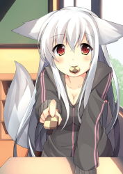 Rule 34 | 1girl, animal ears, bad id, bad pixiv id, blush, breasts, chalkboard, checkerboard cookie, classroom, cleavage, cookie, desk, feeding, food, food in mouth, fox ears, fox tail, hood, hoodie, indoors, long hair, mouth hold, original, oruto (ort+), oruton, pov, pov feeding, red eyes, school, shi-chan (oruton), silver hair, smile, solo, tail, window