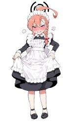 Rule 34 | 1girl, ahoge, alternate costume, alternate hairstyle, anger vein, apron, black footwear, blue archive, blush, bow, braid, clothes lift, commentary request, earrings, embarrassed, full body, hair between eyes, hair bow, hair ribbon, halo, highres, jewelry, long sleeves, looking at viewer, maid, maid apron, maid headdress, neru (blue archive), red eyes, red hair, ribbon, shigeta (yankeehamama), shoes, short hair, sidelocks, simple background, single braid, sketch, skirt, skirt lift, solo, spoken anger vein, spoken blush, standing, tri tails, victorian maid, white background
