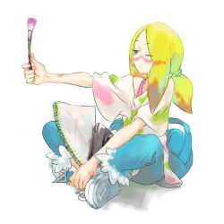 1girl bag blonde_hair bra_strap closed_mouth collarbone creatures_(company) crossed_legs dot_mouth duffel_bag full_body game_freak holding holding_paintbrush irakusa_(norogenjou) long_hair mina_(pokemon) nintendo notebook one_eye_closed outstretched_arm paint_in_hair paint_splatter paint_splatter_on_face paintbrush pokemon pokemon_sm ponytail shirt shoes sitting sneakers solo t-shirt white_background