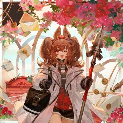 Rule 34 | 1girl, angelina (arknights), animal ears, arch, arknights, black gloves, black shorts, border, brown hair, coat, coin, commentary, cowboy shot, flower, flower request, fox ears, fox girl, gloves, hairband, happy, holding, holding staff, infection monitor (arknights), inuko (redconstellation), letter, looking at viewer, mail, medium hair, one eye closed, open clothes, open coat, open mouth, outdoors, postbox (outgoing mail), red eyes, red flower, red shirt, shirt, shorts, smile, solo, staff, striped clothes, striped hairband, twintails, wavy hair, white coat