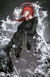 Rule 34 | 1girl, absurdres, black dress, blurry, blurry foreground, chainsaw man, closed mouth, dress, halo, hand on own face, highres, makima (chainsaw man), muksal, orange eyes, outstretched hand, red hair, ringed eyes, solo, splashing, water