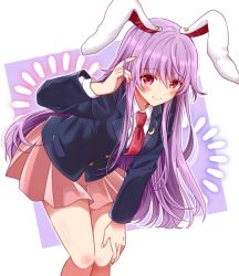 Rule 34 | 1girl, animal ears, arm up, bent over, black socks, blazer, blush, box, breasts, bullet, buttons, collared shirt, commentary request, crescent, crescent pin, danmaku, fingernails, hand in own hair, hand on own thigh, heart, jacket, knees, light purple hair, long hair, long sleeves, looking at viewer, medium breasts, miniskirt, necktie, okawa friend, open mouth, pink skirt, pleated skirt, pocket, rabbit ears, red eyes, red necktie, reisen udongein inaba, shirt, skirt, smile, socks, solo, standing, suit jacket, touhou, white shirt, wing collar