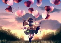 Rule 34 | 1girl, aqua hair, arms up, balloon, black footwear, black hat, blurry, blurry background, boots, cloud, commentary request, day, depth of field, dise (psychoro), forest, frilled sleeves, frills, from behind, gradient sky, grass, green skirt, hat, hat ribbon, heart balloon, highres, komeiji koishi, long sleeves, nature, outdoors, ribbon, scenery, shirt, short hair, skirt, sky, solo, standing, standing on one leg, third eye, touhou, twilight, yellow shirt