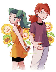 Rule 34 | 1boy, 1girl, alternate costume, black shorts, closed mouth, commentary request, creatures (company), dress, eyelashes, game freak, gen 2 pokemon, green eyes, green hair, holding, holding poke ball, hsngamess, kris (pokemon), long hair, looking at viewer, nintendo, orange dress, pants, poke ball, poke ball (basic), pokemon, pokemon (creature), pokemon gsc, ponytail, shirt, shorts, shorts under dress, silver (pokemon), sunflora, undershirt, watermark, white background, white pants