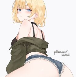 Rule 34 | 1girl, absurdres, alternate costume, blonde hair, blue eyes, blue shorts, bluefield, blush, breasts, denim, denim shorts, highres, hololive, hololive english, looking at viewer, looking back, medium breasts, parted lips, patreon username, short hair, shorts, simple background, solo, virtual youtuber, watson amelia, white background