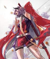 Rule 34 | 1girl, armpits, azur lane, belt, bodysuit, breasts, covered mouth, dated, detached sleeves, fighting stance, fishnets, hair between eyes, half mask, hand up, holding, holding sword, holding weapon, horns, japanese clothes, katana, kdm (ke dama), kimono, kirishima (azur lane), kuji-in, large breasts, long hair, long sleeves, looking afar, mask, mouth mask, ninja, ninja mask, petals, purple eyes, ready to draw, red-framed eyewear, scarf, short kimono, sidelocks, signature, skirt, solo, sword, weapon, wide sleeves, wind, wind lift