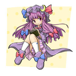 Rule 34 | 1girl, ankle boots, book, boots, bow, crescent, crescent hair ornament, dress, full body, hair bow, hair ornament, hat, hat ribbon, kneehighs, knees together feet apart, light purple hair, long hair, looking at viewer, mob cap, open book, parted lips, patchouli knowledge, pirurina, polka dot, polka dot background, purple eyes, ribbon, robe, simple background, sitting, socks, solo, striped clothes, striped dress, touhou, yellow background