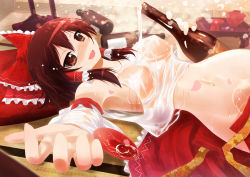 Rule 34 | 1girl, :d, alcohol, armpits, bare shoulders, belly, blurry, blush, bottle, bow, breasts, brown eyes, brown hair, covered erect nipples, cup, day, depth of field, dripping, drunk, floral print, frilled bow, frills, hair bow, hair tubes, hakurei reimu, holding, holding bottle, indoors, large breasts, looking at viewer, lying, messy, nose blush, on back, open clothes, open mouth, open skirt, porurin (do-desho), red bow, red skirt, sakazuki, sake, see-through, shiny skin, sideboob, sidelocks, skirt, smile, solo, stomach, sunlight, touhou, wakamezake, wet, wet clothes, wide hips, wooden floor