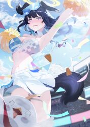Rule 34 | 1girl, absurdres, animal ears, arm up, armpits, bare shoulders, black hair, blue archive, blue sky, blush, breasts, cheerleader, cleavage, cloud, confetti, day, derk, dog ears, dog girl, dog tail, eyewear on head, goggles, goggles on head, halo, hibiki (blue archive), hibiki (cheer squad) (blue archive), highres, holding, holding pom poms, large breasts, long hair, looking at viewer, midriff, millennium cheerleader outfit (blue archive), miniskirt, navel, official alternate costume, outdoors, peroro (blue archive), pom pom (cheerleading), pom poms, purple eyes, skirt, sky, sleeveless, stadium, sticker on face, sunglasses, tail, tearing up, thighs, white skirt, yellow halo