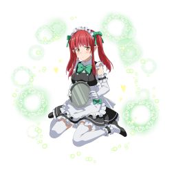 Rule 34 | 1girl, apron, blush, bow, bowtie, brown eyes, elbow gloves, full body, gloves, green bow, green bowtie, hair bow, highres, holding, long hair, looking at viewer, maid, maid headdress, pointy ears, rain (sao), red hair, sitting, sleeveless, solo, sword art online, thighhighs, transparent background, twintails, wariza, white apron, white gloves, white thighhighs