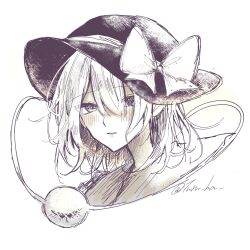 Rule 34 | 1girl, annin cha, blush, bow, hat, hat bow, highres, komeiji koishi, looking at viewer, short hair, simple background, sketch, solo, third eye, touhou, traditional media, twitter username, upper body