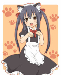 Rule 34 | 00s, 1girl, alternate costume, animal ears, apron, black hair, blush, brown eyes, cat ears, cat girl, enmaided, female focus, k-on!, long hair, maid, maid apron, nakano azusa, open mouth, paw print, ribbon, sakeko, skirt, solo, standing, twintails