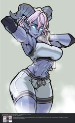 Rule 34 | 1girl, abs, armpits, blue eyes, blue skin, bra, breasts, colored skin, glowing, glowing eyes, highres, horns, large breasts, looking at viewer, muscular, muscular female, navel, pink hair, pointy ears, purple lips, short hair, shorts, solo, sports bra, steam, steaming body, sweat, towel, underwear, wahae, warcraft, white bra, white shorts, white sports bra, world of warcraft, yrel