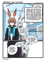Rule 34 | amiya (arknights), animal ear fluff, animal ears, arknights, black jacket, black shirt, blue eyes, brown hair, closed mouth, comic, commentary, english commentary, english text, frostnova (arknights), grey eyes, grey hair, grey jacket, hair between eyes, hair ornament, hair over one eye, hairclip, highres, jacket, long hair, open clothes, open jacket, rabbit ears, shirt, sidelocks, tofudofu, white shirt
