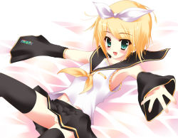 Rule 34 | 1girl, black skirt, blonde hair, bow, green eyes, hair bow, kagamine rin, panties, rosenthal, shirt, skirt, striped clothes, striped panties, thighhighs, underwear, vocaloid, white bow, white shirt, yellow bow