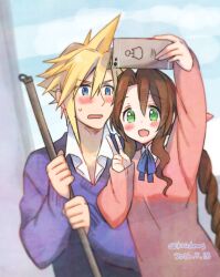 Rule 34 | 1boy, 1girl, aerith gainsborough, alternate costume, bad id, bad pixiv id, blonde hair, blue eyes, blue ribbon, blue sweater, blush, braid, braided ponytail, breasts, brown hair, cloud strife, collared shirt, dated, final fantasy, final fantasy vii, green eyes, hair between eyes, hair ribbon, krudears, long hair, long sleeves, medium breasts, neck ribbon, open mouth, parted bangs, pink ribbon, pink shirt, ribbon, selfie, shirt, short hair, sidelocks, smile, spiked hair, sweatdrop, sweater, taking picture, twitter username, upper body, v, white shirt