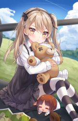 Rule 34 | 1girl, black bow, black bowtie, black skirt, blue sky, blurry, blush, boko (girls und panzer), bow, bowtie, character doll, cloud, day, depth of field, expressionless, frilled skirt, frills, girls und panzer, hair between eyes, hair ribbon, head tilt, headphones, highres, hill, holding, holding stuffed toy, knees up, legs together, light brown hair, long sleeves, looking at viewer, map, moorina, nishizumi miho, outdoors, ribbon, shimada arisu, shirt, side ponytail, sitting, skirt, sky, sleeves past wrists, solo, striped clothes, striped thighhighs, stuffed animal, stuffed toy, suspender skirt, suspenders, tank gun, teddy bear, thighhighs, white shirt, yellow eyes