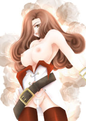 Rule 34 | 00s, 1girl, beatrix, belt, breasts, brown eyes, brown hair, censored, female pubic hair, final fantasy, final fantasy ix, hair over one eye, huge breasts, long hair, lowres, nipples, pubic hair, pussy, solo, thighhighs, topless