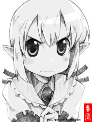 Rule 34 | 1girl, female focus, frown, gofu, greyscale, monochrome, nichijou, pointy ears, princess starla (nichijou), short hair, sketch, solo, spot color, traditional media, white background