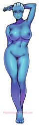 Rule 34 | 1girl, alien, arm up, asari (mass effect), blue eyes, blue skin, breasts, colored skin, contrapposto, crossed ankles, curvy, dark nipples, eyebrows, female focus, freckles, full body, large breasts, liara t&#039;soni, mass effect (series), mass effect 1, navel, nipples, nude, popsiclebunny, pussy, solo, standing, thigh gap, toes, uncensored, watermark, web address, white background