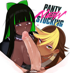 1boy 2girls ahoge alternate_hair_color alternate_skin_color artist_name blonde_hair blue_eyes blue_hair blunt_bangs blush bow breasts choker colored_inner_hair colored_skin cooperative_fellatio copyright_name dark-skinned_female dark_skin earrings fellatio ffm_threesome group_sex hair_bow hetero interracial jewelry kissing_penis large_breasts looking_at_viewer male_pubic_hair multicolored_hair multiple_girls oral panty_&amp;_stocking_with_garterbelt panty_(psg) penis pink_hair pov pov_crotch pubic_hair rezodwel siblings simple_background sisters stocking_(psg) streaked_hair sweat testicles threesome uncensored veins veiny_penis white_background white_skin