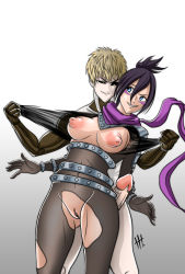 Rule 34 | 1boy, 1girl, black hair, black sclera, blonde hair, blue eyes, bodystocking, bodysuit, breasts, colored sclera, cyborg, facing viewer, genderswap, genderswap (mtf), genos, gradient background, highres, looking at another, mechanical arms, medium breasts, one-punch man, onsoku no sonic, pussy, simple background, smile, torn bodystocking, torn clothes, uncensored, yellow eyes