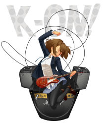 Rule 34 | 1girl, amplifier, bad id, bad pixiv id, brown hair, cable, closed eyes, electric guitar, fender (company), fisheye, gibson les paul, guitar, highres, hirasawa yui, instrument, jumping, k-on!, marshall, pantyhose, rin2008, school uniform, short hair, solo, speaker
