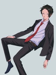 Rule 34 | 1boy, adachi tooru, belt, black hair, black jacket, black pants, blue socks, brown belt, business suit, closed mouth, collared shirt, commentary request, foot out of frame, formal, full body, grey background, hand on own leg, highres, invisible chair, jacket, leaning back, long sleeves, looking at viewer, male focus, momotamago, necktie, no shoes, open clothes, open jacket, pants, persona, persona 4, red necktie, shirt, short hair, simple background, sitting, socks, solo, suit, white shirt