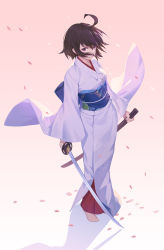 Rule 34 | 1girl, ahoge, barefoot, breasts, brown hair, closed mouth, fate/grand order, fate (series), floating hair, full body, gradient background, highres, holding, holding sword, holding weapon, japanese clothes, kara no kyoukai, katana, kimono, long sleeves, looking at viewer, nian (zhanian), obi, petals, purple eyes, ryougi shiki, sash, scabbard, shadow, sheath, solo, sword, unsheathed, weapon, wide sleeves, wind