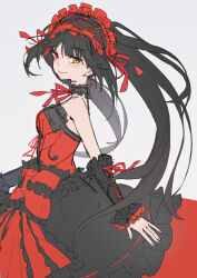 Rule 34 | 1girl, absurdres, bare shoulders, black hair, breasts, cleavage, date a live, date a live: date a bullet, detached sleeves, dress, gothic lolita, hairband, heterochromia, highres, lolita fashion, lolita hairband, long hair, looking at viewer, medium breasts, red eyes, ribbon, sao7, smile, solo, tokisaki kurumi, twintails, uneven twintails, white background, yellow eyes