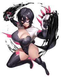 Rule 34 | 1girl, :d, absurdres, black hair, boots, breasts, cleavage, cleavage cutout, clothing cutout, commission, full body, gloves, hanny (uirusu chan), highleg, highleg leotard, highres, large breasts, leotard, looking at viewer, mask, mole, mole under eye, open mouth, original, red eyes, short hair, simple background, smile, solo, superhero costume, thigh boots, thighhighs, white background