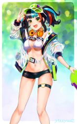 Rule 34 | 1girl, badge, bare shoulders, bikini, black hair, black shorts, blue hair, blush, breasts, button badge, cleavage, fate/grand order, fate (series), green hat, hat, headphones, headphones around neck, highres, jacket, large breasts, long hair, long sleeves, looking at viewer, multicolored hair, navel, off shoulder, open clothes, open jacket, open mouth, red hair, sei shounagon (fate), sei shounagon (swimsuit berserker) (fate), short shorts, shorts, sidelocks, skateboard, smile, solo, swimsuit, thigh strap, thighs, twintails, visor cap, white bikini, white jacket, yellow eyes, yuuyuu (pixiv64917308)