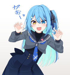 Rule 34 | 1girl, :d, black ribbon, blue eyes, blue hair, blue necktie, claw pose, commentary, dress, fang, frilled shirt collar, frills, gao, hair between eyes, hair ornament, hair ribbon, hairclip, healther, heart, heterochromia, highres, leaning to the side, long hair, long sleeves, looking at viewer, necktie, one side up, open mouth, original, ribbon, skin fang, smile, solo, v-shaped eyebrows, wing hair ornament, yellow eyes