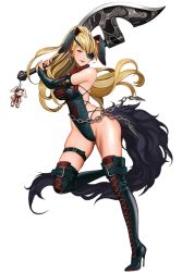 Rule 34 | 1girl, animal ears, axe, battle axe, black thighhighs, blonde hair, boots, breasts, bridal gauntlets, brown eyes, chain, character request, cleavage, cross-laced footwear, earrings, eyepatch, fake animal ears, full body, gang of heaven, high heel boots, high heels, holding, holding weapon, jewelry, lace-up boots, leg up, leotard, long hair, looking at viewer, masami chie, official art, rabbit ears, smile, solo, stiletto heels, thigh boots, thighhighs, transparent background, weapon
