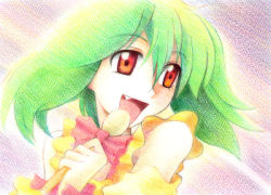 Rule 34 | 00s, 1girl, :d, bare shoulders, blush, close-up, detached sleeves, fang, gofu, green hair, hair between eyes, holding, holding microphone, looking to the side, macross, macross frontier, microphone, multicolored background, music, open mouth, ranka lee, red eyes, short hair, singing, smile, solo, tareme, traditional media, upper body