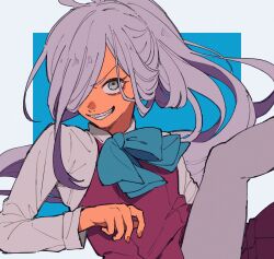 Rule 34 | 1girl, asashimo (kancolle), blue bow, blue bowtie, bow, bowtie, dress, grey eyes, grey hair, grey pantyhose, grin, hair over one eye, highres, kantai collection, long hair, long sleeves, looking at viewer, pantyhose, ponytail, purple dress, school uniform, shirt, simple background, smile, solo, sumoffu, very long hair, white shirt