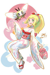 Rule 34 | 1girl, :d, blush, commentary request, creatures (company), dated, eyelashes, floral print, game freak, gen 7 pokemon, green eyes, high ponytail, highres, holding, japanese clothes, kimono, lillie (new year&#039;s 2021) (pokemon), lillie (pokemon), long hair, new year, nintendo, null suke, official alternate costume, open mouth, pokemon, pokemon (creature), pokemon masters ex, ribombee, sandals, sash, signature, smile, sparkle, tabi, teeth, tongue, upper teeth only, white legwear, wide sleeves, yellow kimono
