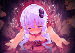 Rule 34 | 1girl, bare shoulders, blush, breasts, breath, clothes pull, dress, dress pull, hair ornament, low twintails, nipples, no bra, open mouth, petenshi (dr. vermilion), purple eyes, purple hair, restrained, saliva, short hair with long locks, small breasts, solo, stationary restraints, sweat, tears, tentacles, through wall, translation request, trembling, twintails, vocaloid, voiceroid, yuzuki yukari