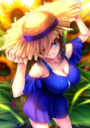 Rule 34 | 1girl, akeyama kitsune, alternate costume, aozaki aoko, bare shoulders, blue dress, blush, breasts, brown hair, cleavage, collarbone, commentary request, day, dress, fingernails, flower, grin, hand on headwear, hat, large breasts, long hair, looking at viewer, mahou tsukai no yoru, one eye covered, sleeveless, sleeveless dress, smile, solo, straw hat, sun hat, sunflower, sunlight, yellow flower