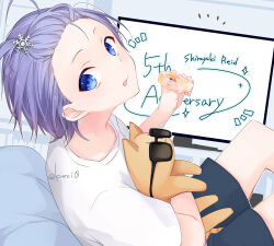Rule 34 | 1boy, anniversary, bangs pinned back, black shorts, blue eyes, blue hair, character name, flat screen tv, food, forehead, hair ornament, holding, holding food, kuroi (liar-player), looking at viewer, looking to the side, male focus, neo-porte, popsicle, shirayuki reid, shirt, short sleeves, shorts, snowflake hair ornament, solo, sunglasses, television, tongue, tongue out, twitter username, virtual youtuber, white shirt